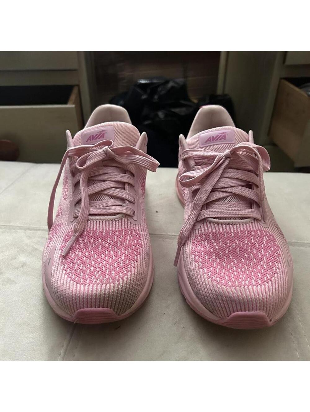 Pink AVIA Air Memory Foam sneakers with textured knit pattern, size US 10